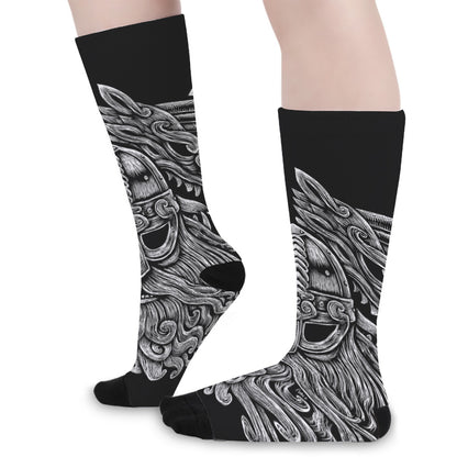 Black And White Odin With Wolfs Print Long Socks