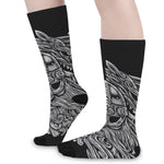 Black And White Odin With Wolfs Print Long Socks
