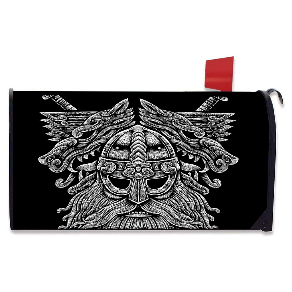 Black And White Odin With Wolfs Print Mailbox Cover