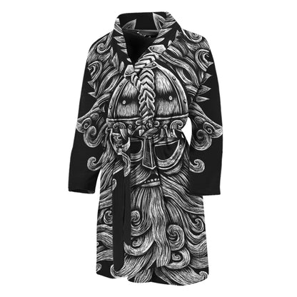 Black And White Odin With Wolfs Print Men's Bathrobe
