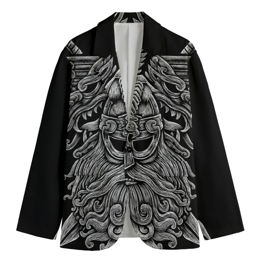 Black And White Odin With Wolfs Print Men's Cotton Blazer