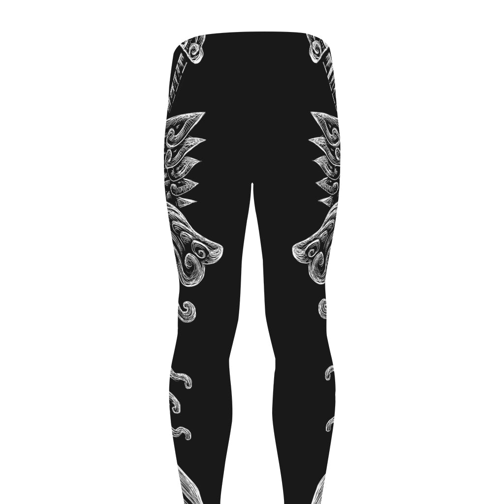 Black And White Odin With Wolfs Print Men's leggings