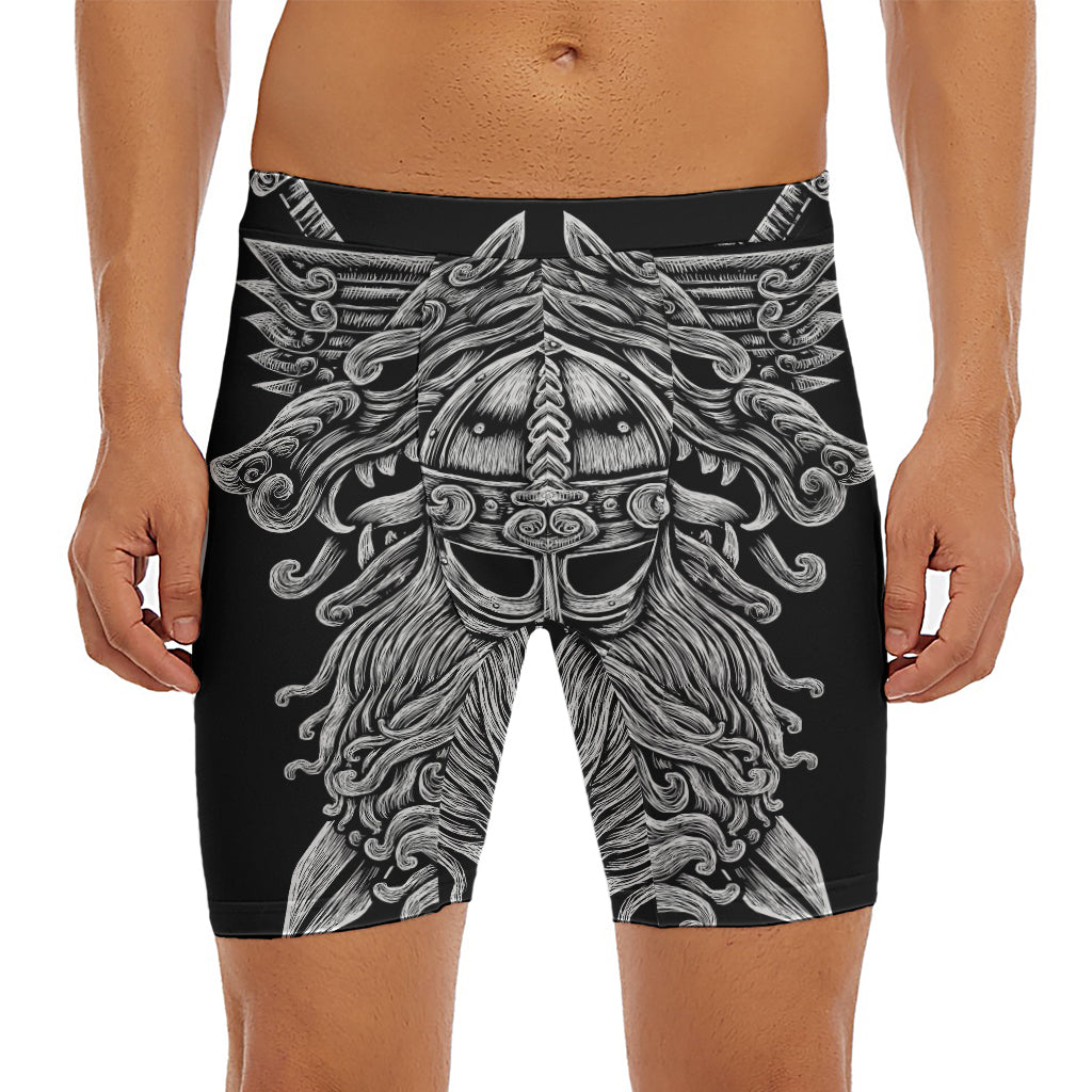 Black And White Odin With Wolfs Print Men's Long Boxer Briefs