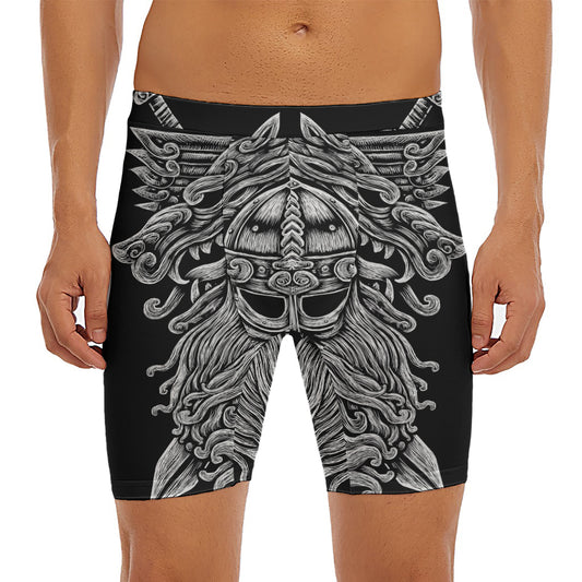 Black And White Odin With Wolfs Print Men's Long Boxer Briefs