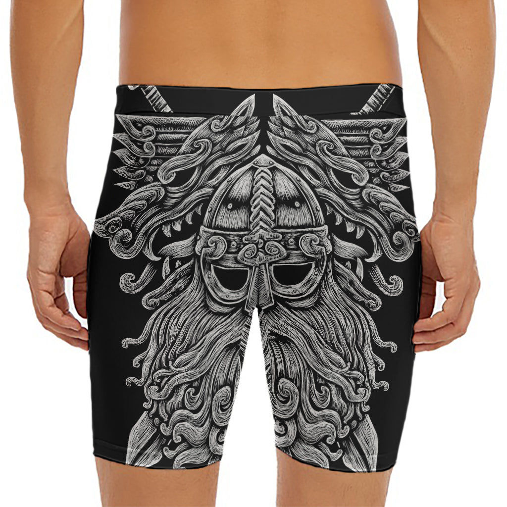 Black And White Odin With Wolfs Print Men's Long Boxer Briefs