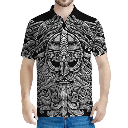 Black And White Odin With Wolfs Print Men's Polo Shirt
