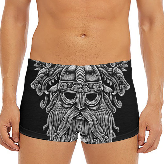 Black And White Odin With Wolfs Print Men's Short Boxer Briefs