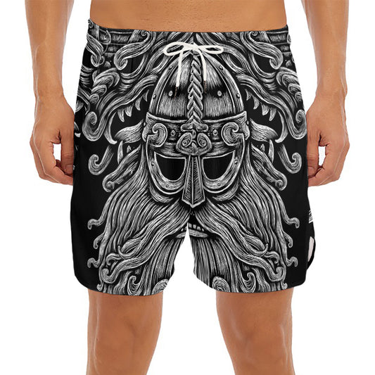 Black And White Odin With Wolfs Print Men's Split Running Shorts