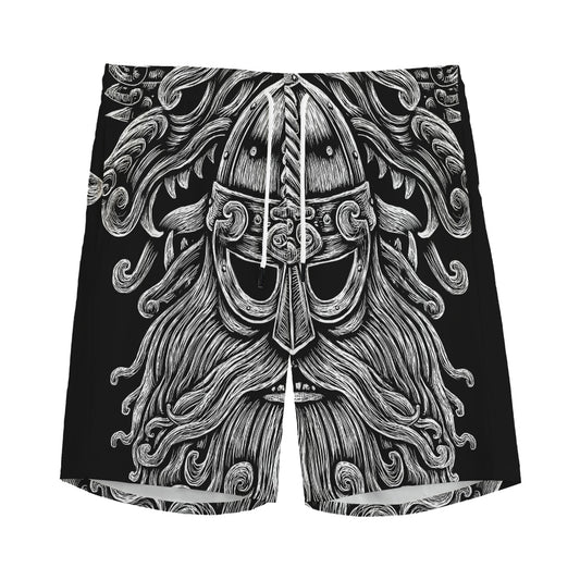 Black And White Odin With Wolfs Print Men's Sports Shorts