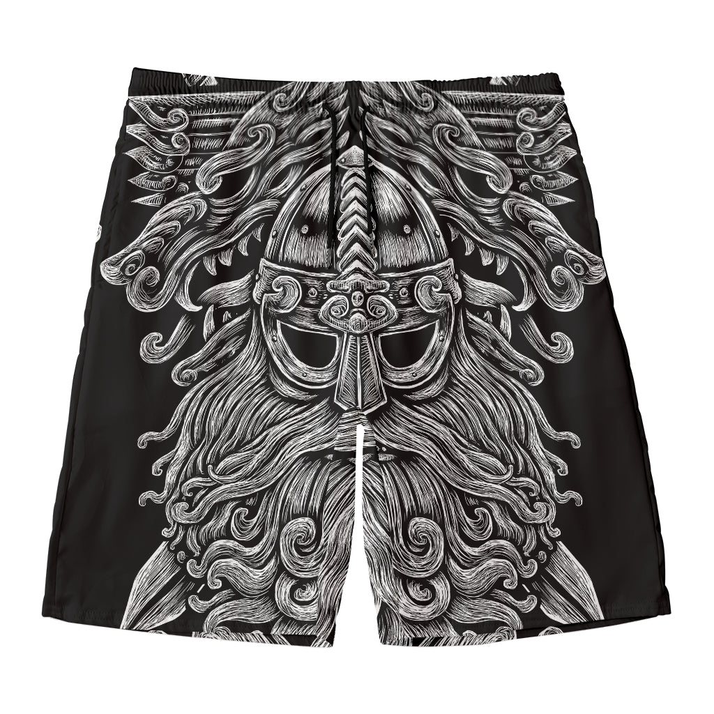 Black And White Odin With Wolfs Print Men's Swim Trunks