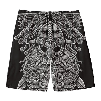 Black And White Odin With Wolfs Print Men's Swim Trunks