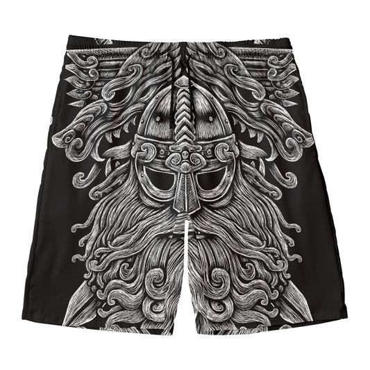 Black And White Odin With Wolfs Print Men's Swim Trunks