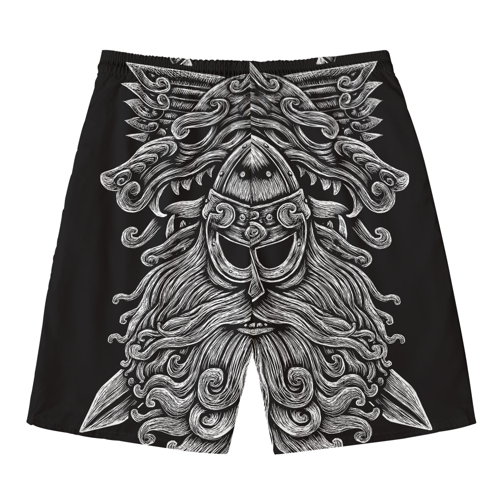 Black And White Odin With Wolfs Print Men's Swim Trunks