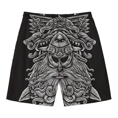 Black And White Odin With Wolfs Print Men's Swim Trunks