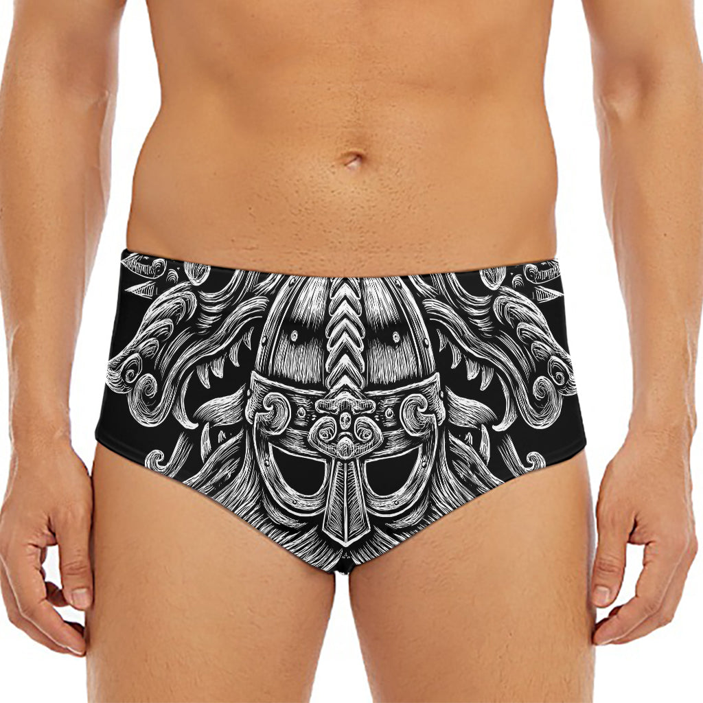 Black And White Odin With Wolfs Print Men's Triangle Swim Briefs