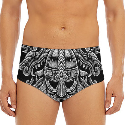 Black And White Odin With Wolfs Print Men's Triangle Swim Briefs