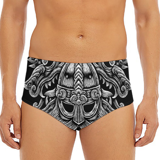 Black And White Odin With Wolfs Print Men's Triangle Swim Briefs