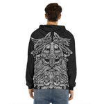 Black And White Odin With Wolfs Print Men's Velvet Pullover Hoodie