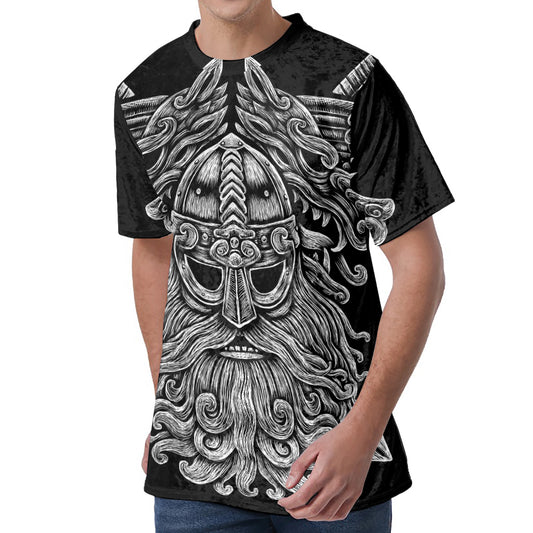 Black And White Odin With Wolfs Print Men's Velvet T-Shirt