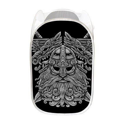 Black And White Odin With Wolfs Print Mesh Laundry Hamper