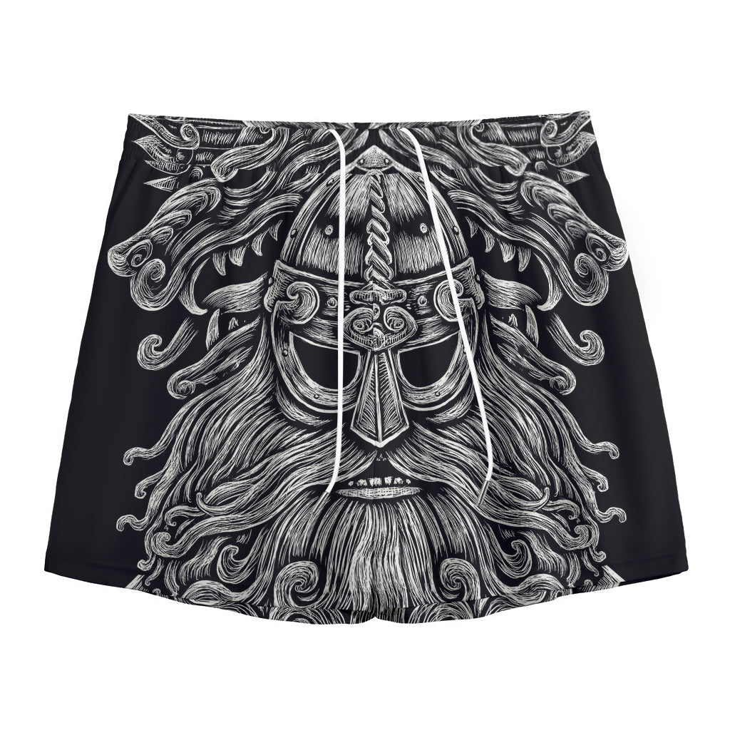 Black And White Odin With Wolfs Print Mesh Shorts