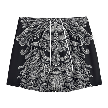 Black And White Odin With Wolfs Print Mesh Shorts