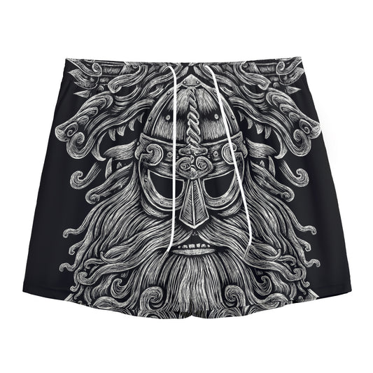 Black And White Odin With Wolfs Print Mesh Shorts