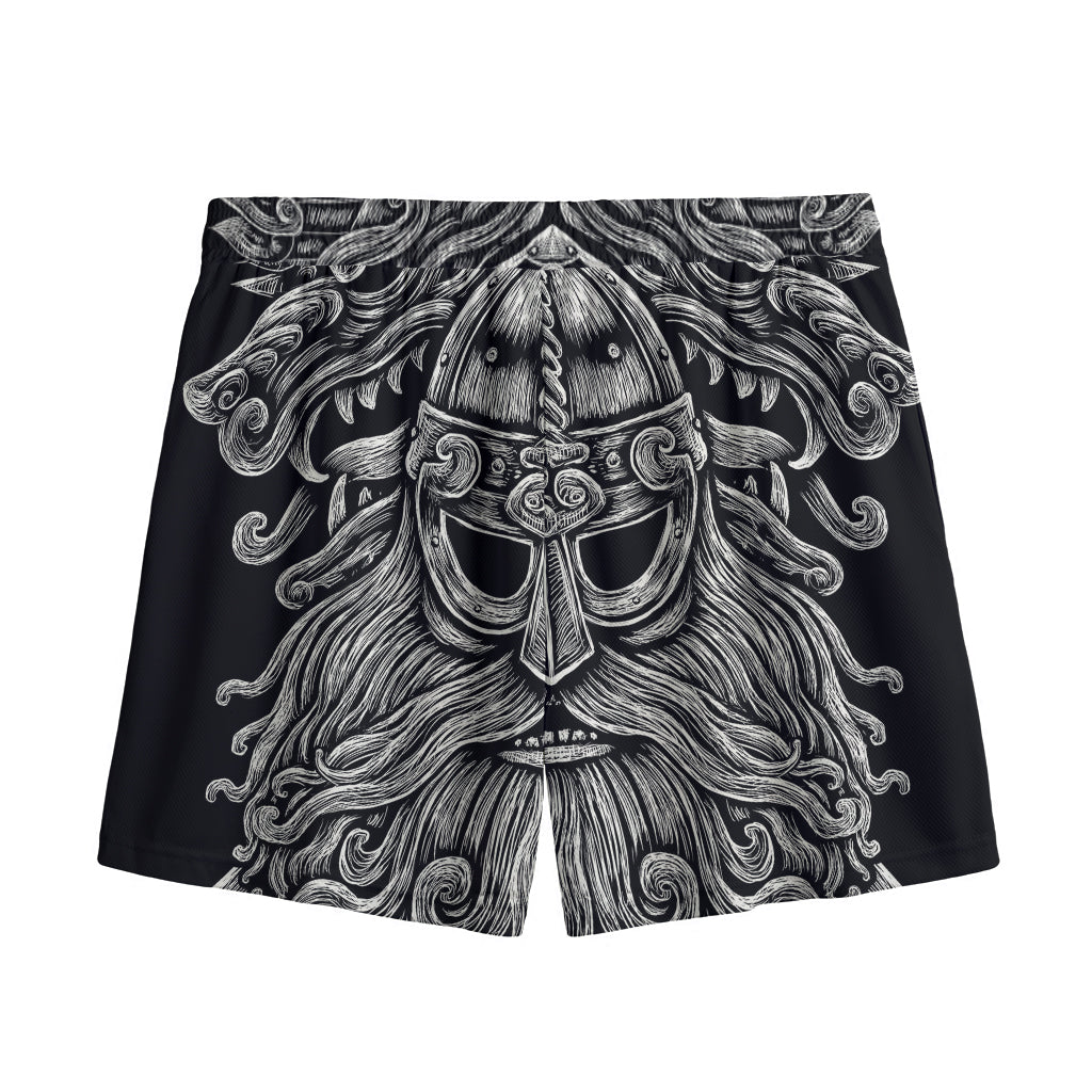 Black And White Odin With Wolfs Print Mesh Shorts