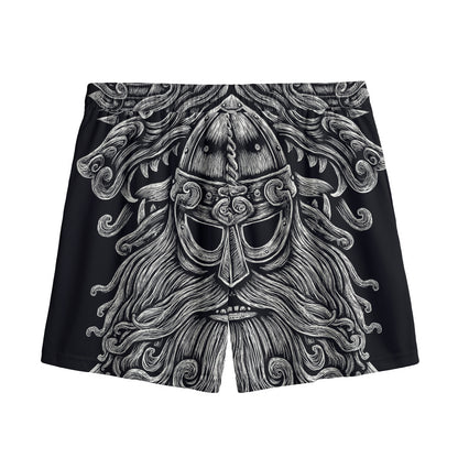 Black And White Odin With Wolfs Print Mesh Shorts
