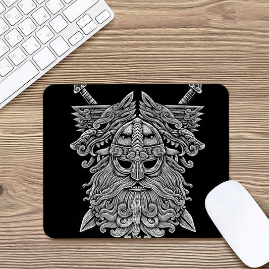 Black And White Odin With Wolfs Print Mouse Pad