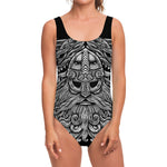 Black And White Odin With Wolfs Print One Piece Swimsuit