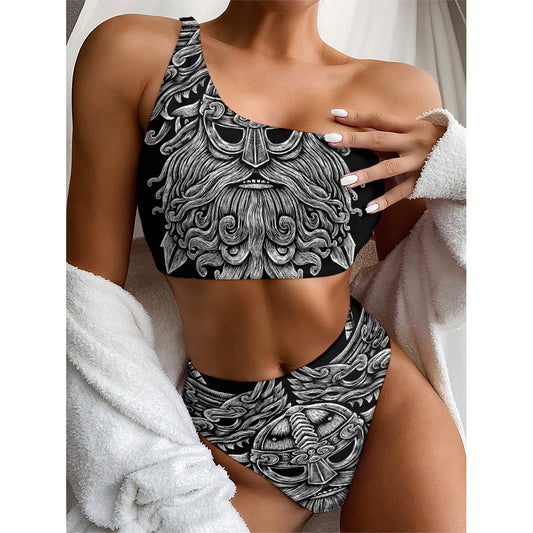 Black And White Odin With Wolfs Print One Shoulder Bikini Top