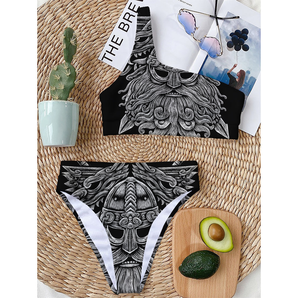 Black And White Odin With Wolfs Print One Shoulder Bikini Top