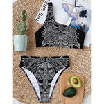 Black And White Odin With Wolfs Print One Shoulder Bikini Top