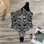 Black And White Odin With Wolfs Print One Shoulder Bodysuit