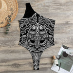 Black And White Odin With Wolfs Print One Shoulder Bodysuit