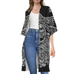 Black And White Odin With Wolfs Print Open Front Beach Cover Up