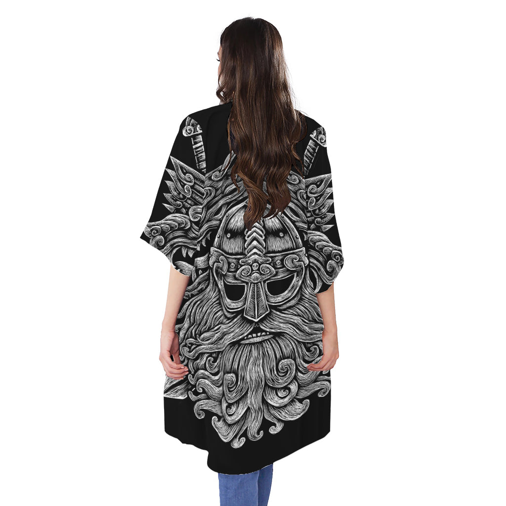 Black And White Odin With Wolfs Print Open Front Beach Cover Up