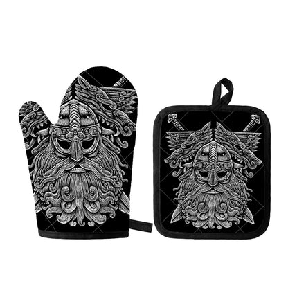Black And White Odin With Wolfs Print Oven Mitt And Pot Holder Set