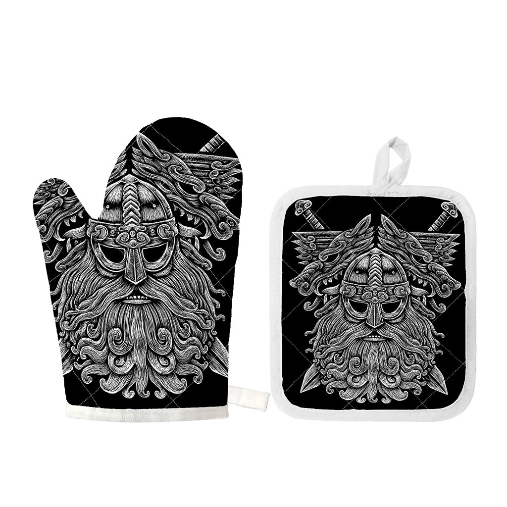 Black And White Odin With Wolfs Print Oven Mitt And Pot Holder Set