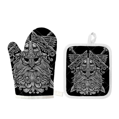 Black And White Odin With Wolfs Print Oven Mitt And Pot Holder Set