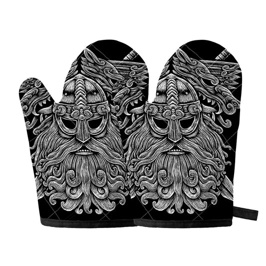Black And White Odin With Wolfs Print Oven Mitts