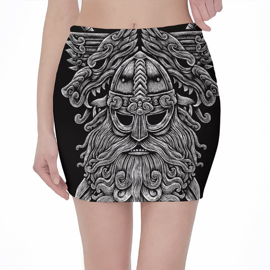 Black And White Odin With Wolfs Print Pencil Mini Skirt