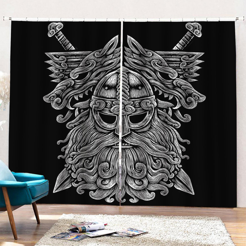 Black And White Odin With Wolfs Print Pencil Pleat Curtains