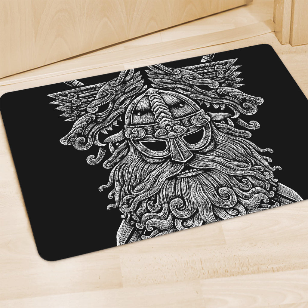 Black And White Odin With Wolfs Print Polyester Doormat