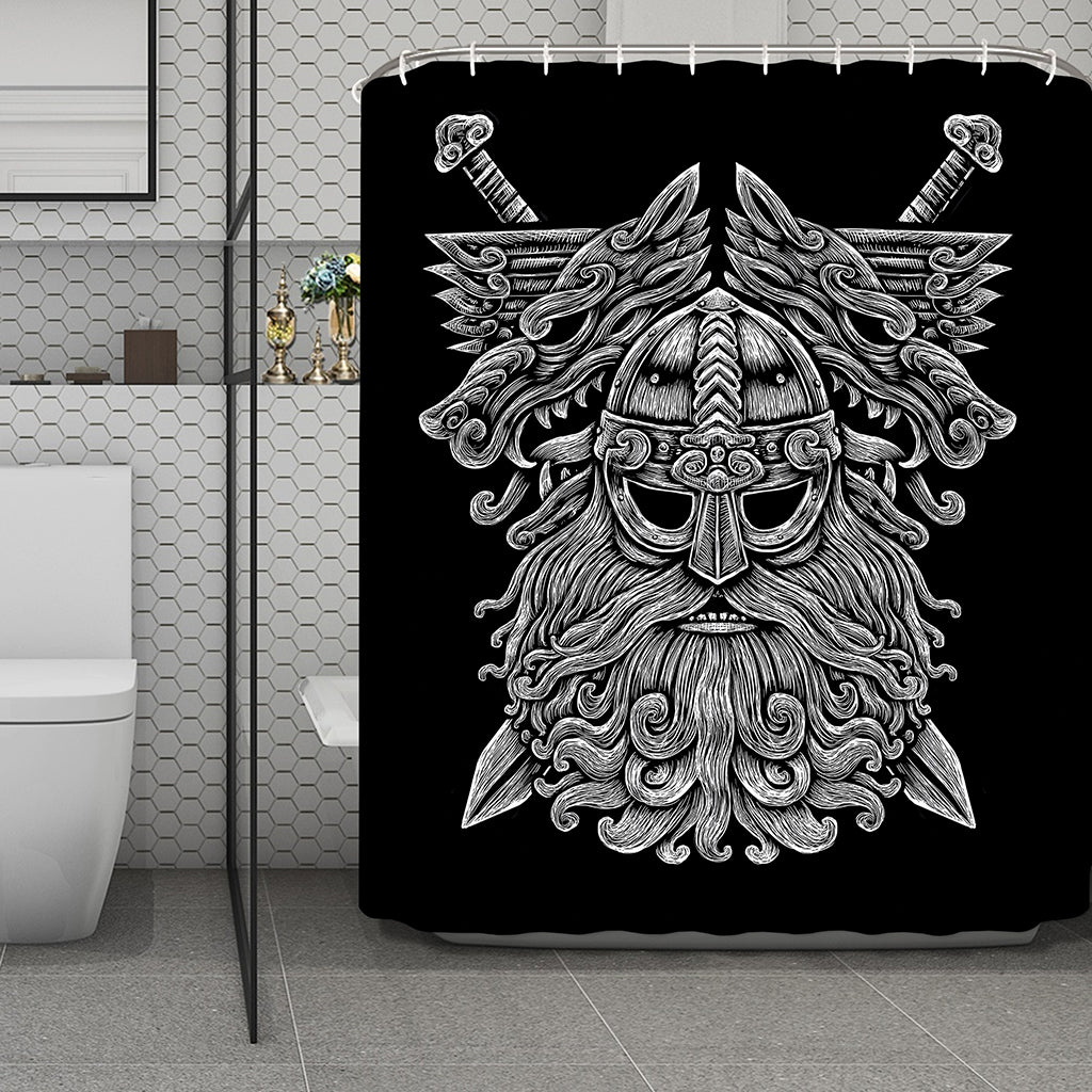 Black And White Odin With Wolfs Print Polyester Shower Curtain