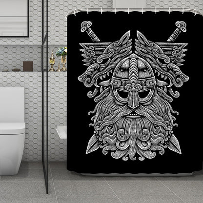 Black And White Odin With Wolfs Print Polyester Shower Curtain
