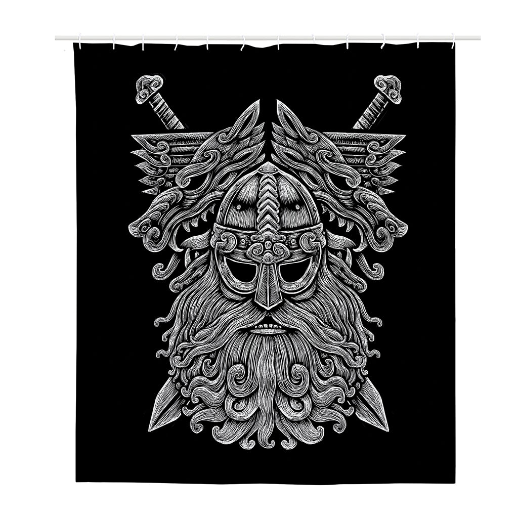 Black And White Odin With Wolfs Print Polyester Shower Curtain