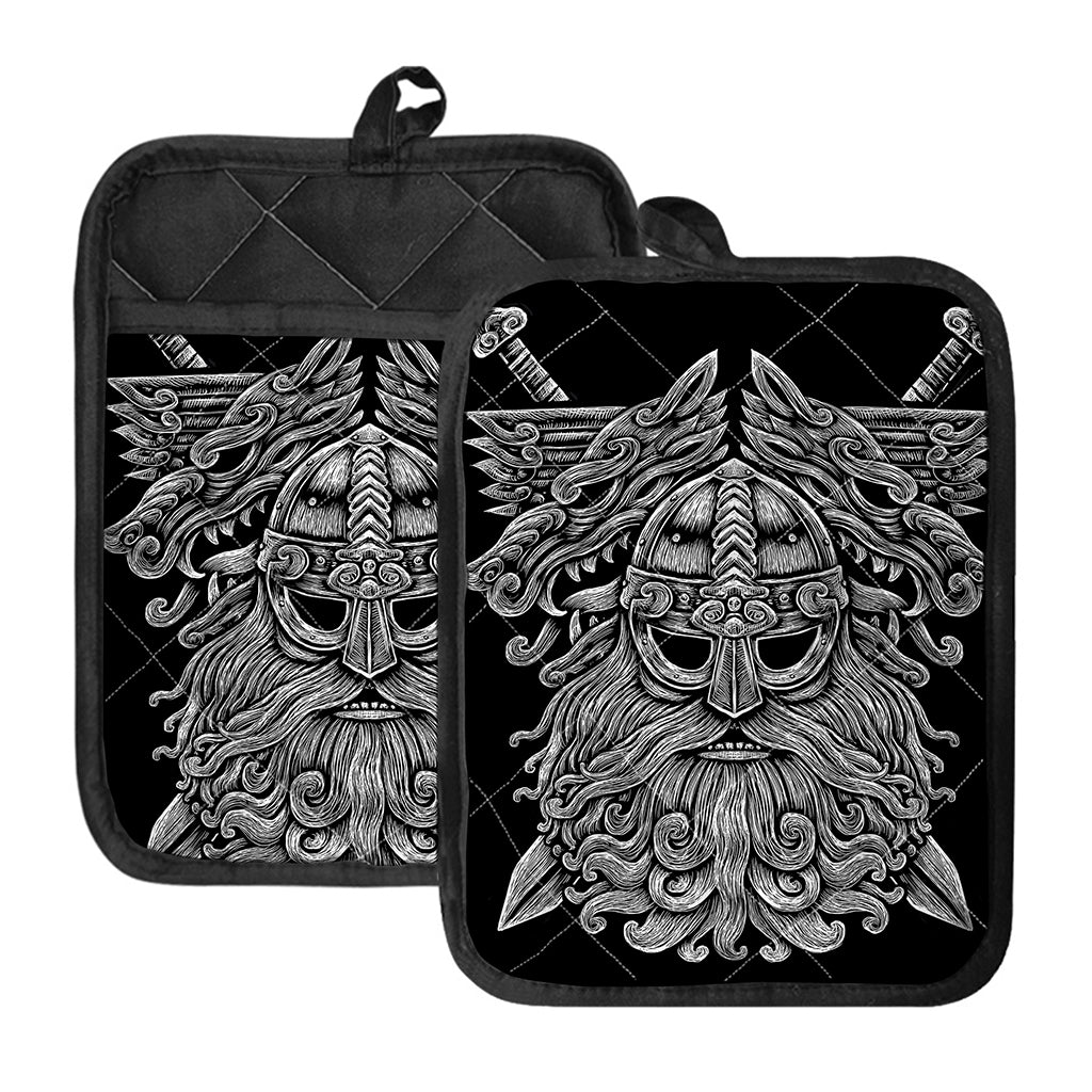 Black And White Odin With Wolfs Print Pot Holders With Pocket