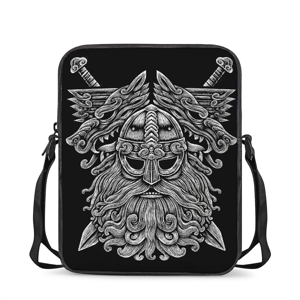 Black And White Odin With Wolfs Print Rectangular Crossbody Bag